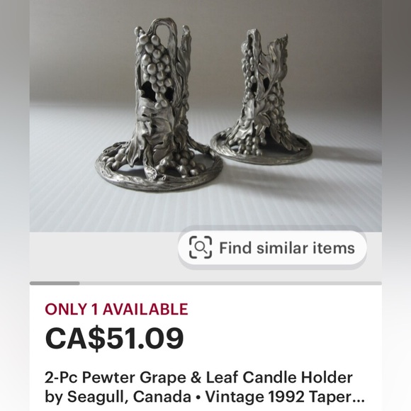 Pair Seagull pewter Canada 1989 candlestick  holders! Grapes and Grapevines - Picture 10 of 11